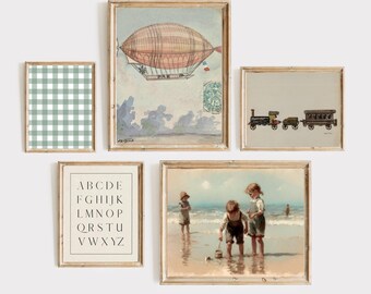 Neutral Vintage druckbare Galerie Kinderzimmer Spielzimmer, Wandkunst Kids Schlafzimmer Galerie von 5 Drucke Spaß antikes Dekor lustig