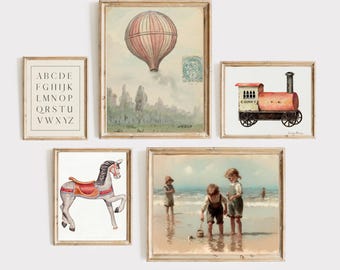 Spielzimmer druckbare 5er-Set, Vintage Neutrale Kinderzimmer-Wanddekordrucke, Wandkunst Kinderzimmergalerie 5er-Set Drucke, lustiges Dekor