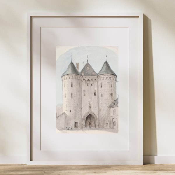 Sketch neutral vintage Castle printable art, Fairy Castle neutral illustration minimalist print