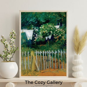 Laundry in the garden vintage printable art, green garden summer cottagecore landscape, farmhouse decor laundry room