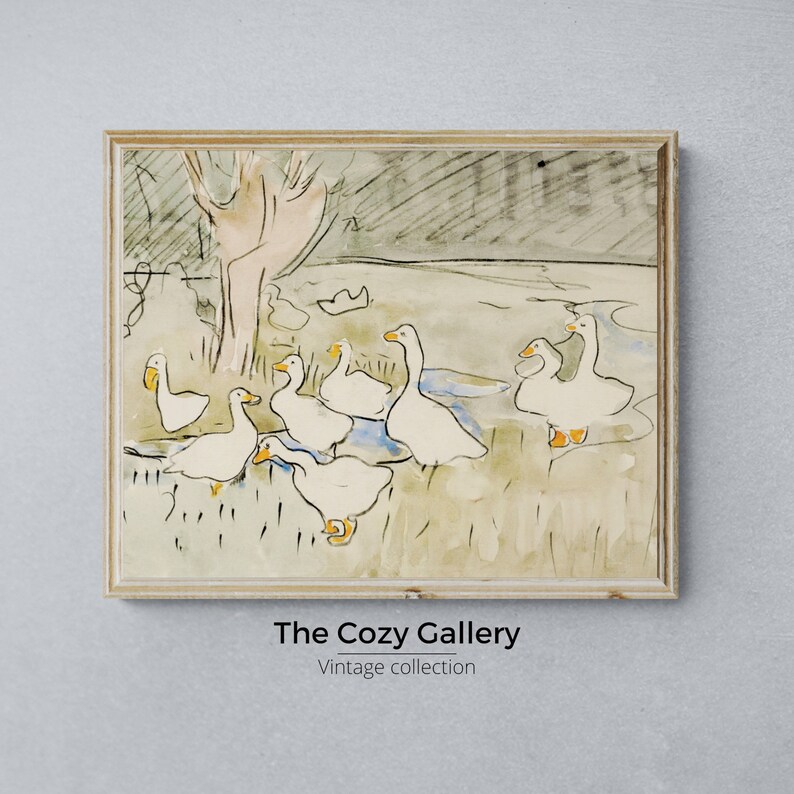 May include: A vintage watercolor painting of a group of white geese in a pond. The geese are drawn in a simple style with orange beaks and feet. The painting is framed in a light wood frame.