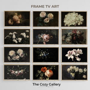 May include: A collection of 10 framed art prints featuring vintage botanical illustrations of flowers in various shades of white, pink, and red against a dark background. The prints are arranged in a grid pattern and have a gold frame. The text "The Cozy Gallery" is at the bottom of the image.