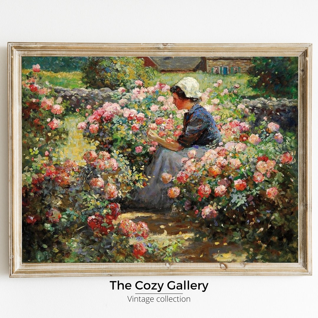 Roses Garden Oil Painting Vintage PRINTABLE, Picking Roses in a Garden ...