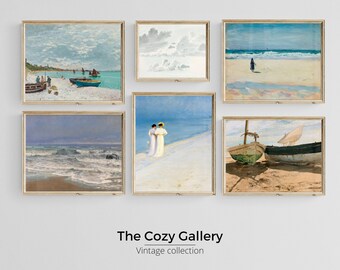 Coastal Beach gallery printable art set of 6, Nautical vintage print set Beach house decor, aesthetic neutral blue prints