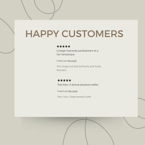 May include: A screenshot of a website with customer reviews. The reviews are in both English and French. The reviews are positive and mention that the product is well-made and looks great.