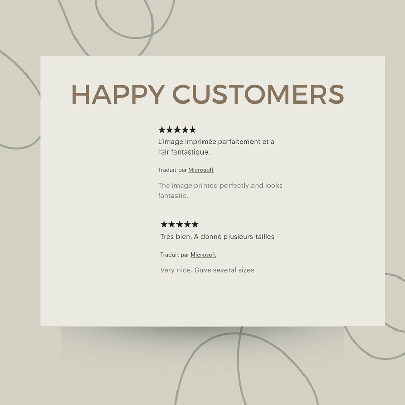 May include: A screenshot of a website with customer reviews. The reviews are in both English and French. The reviews are positive and mention that the product is well-made and looks great.