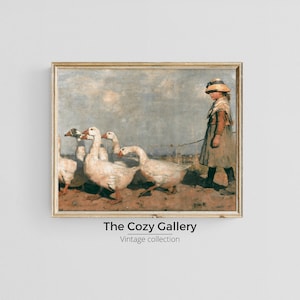Vintage Girl walk the ducks Printable art, Antique ducks Oil Painting and Child portrait, Nursery gril bedroom decor