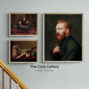 Dark academia Moody wall gallery printable, Gentleman portrait oil painting set of 3, printable art dark gallery