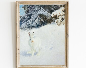 White Hare Winter wonderland printable art, Savage white hare in the snow print for winter decor christmas