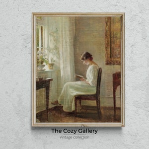 Woman Reading in a office oil painting PRINTABLE, Cozy reading in a office vintage print