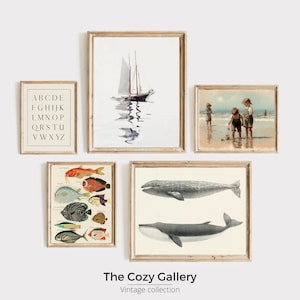 Nautical vintage kids room gallery wall art Set of 5, Costal printable art Set nursery boy, Beach house decor