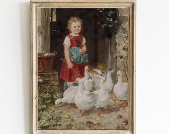 Vintage Girl Feeding Geese Printable art, Antique geese Oil Painting and Child portrait, Nursery gril bedroom decor