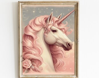 May include: A vintage-style illustration of a white unicorn with a pink mane and horn. The unicorn is set against a light blue background with stars and a crescent moon. A pink rose is in the foreground.