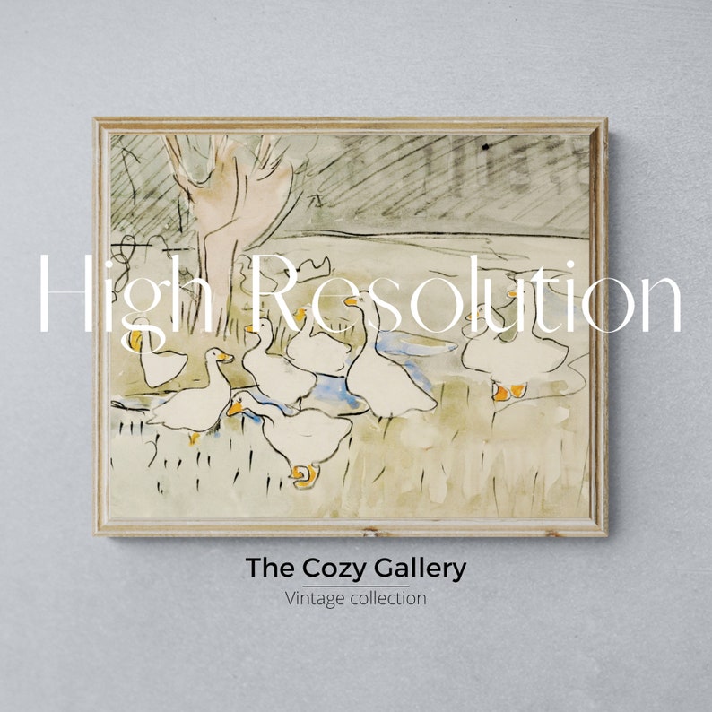 May include: A framed watercolor painting of a group of white geese in a field. The geese are depicted in a loose, impressionistic style, with soft, flowing lines. The painting is set against a background of a light brown field and a tree with a pink trunk.