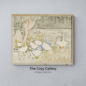May include: A vintage watercolor painting of a group of white geese in a pond. The geese are drawn in a simple style with orange beaks and feet. The painting is framed in a light wood frame.