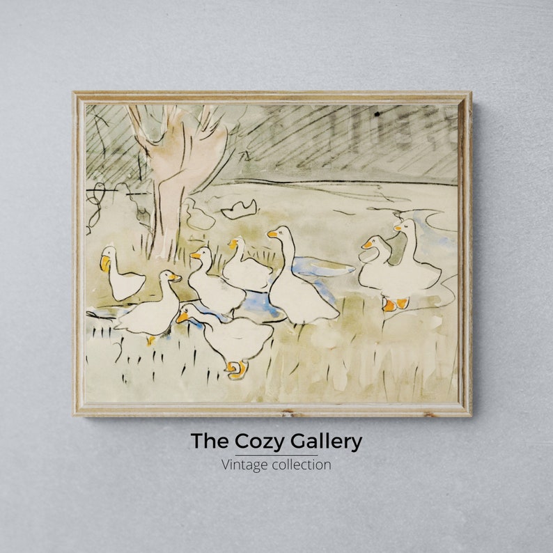 May include: A vintage watercolor painting of a group of white geese in a pond. The geese are drawn in a simple style with orange beaks and feet. The painting is framed in a light wood frame.