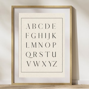 May include: A framed print with a white background and black text. The text is the alphabet in uppercase letters, arranged in five rows. The letters are in a simple, modern font.
