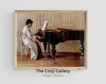 May include: A vintage painting of a person playing a grand piano in a room with white walls. The piano is brown and has a music sheet on the stand. The person is wearing a white dress and is sitting on a white chair. The painting is framed in a wooden frame.