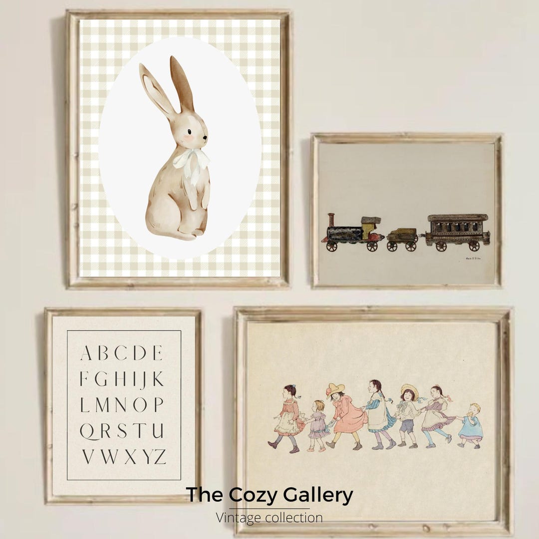 Set of 4 Neutral Nursery Playroom Cute Bunny and Friends, Wall Art Kids ...