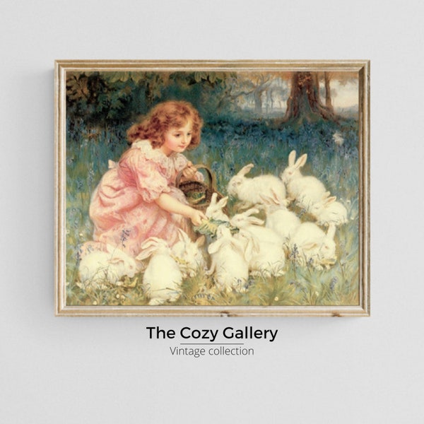 Vintage Girl Feeding Rabbits Printable art, Easter Antique Rabbit Oil Painting and Child portrait, Nursery gril bedroom decor
