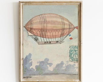 Vintage airship illustration Printable art, Nursery vintage print navigable, Kids playroom antique print