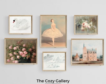 Girl's bedroom ballerina vintage nursery prints  pink tone  PRINTABLE, French Country set of 6 prints feminine romantic vintage decor
