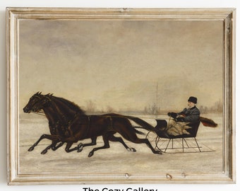 May include: A vintage oil painting depicting a horse-drawn sleigh in a snowy landscape. Two dark brown horses pull the sleigh, which is driven by a man wearing a dark coat and hat. The painting is framed in a light wood frame.