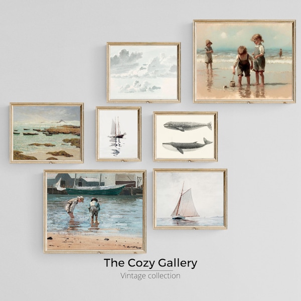Galerie image vintage chambre garçon thème nautique à imprimer, Ensemble de 7 peinture antique à télécharger nautique plage pour enfant