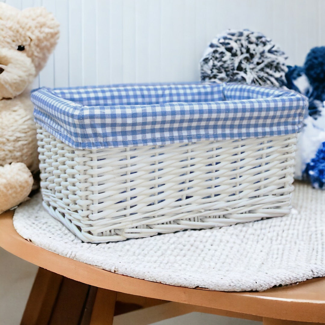 White Wicker Basket – Blue Gingham Nursery Storage, Baby Gift Hamper - Etsy