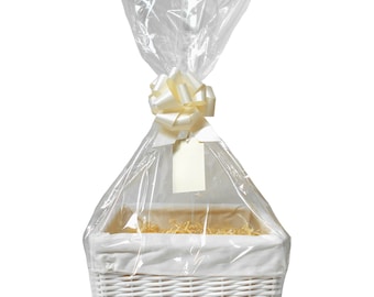 Make Your Own Baby Gift Hamper Kit - White Wicker Basket with Cream Lining, Cream Shred, Pull Bow & Gift Tag (30x22x15cm)