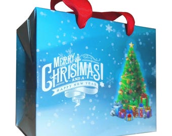 Small Christmas Gift Boxes with Ribbon Handles - Blue Christmas Tree - 12x8x10cm (pack of 10)