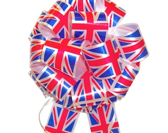 Union Jack Pull Bows - Red, White & Blue Bows for royal celebrations, hampers, gift baskets, party decorations, shop display (PACK OF 10)