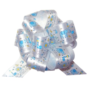 May include: A white satin ribbon with a blue and yellow print of elephants, giraffes, and lions. The ribbon says "It's a Little Boy" repeated on the ribbon.