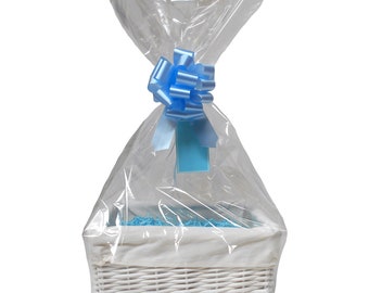 Make Your Own Baby Gift Hamper Kit - White Wicker Basket with Cream Lining, Blue Shred, Pull Bow & Gift Tag (30x22x15cm)