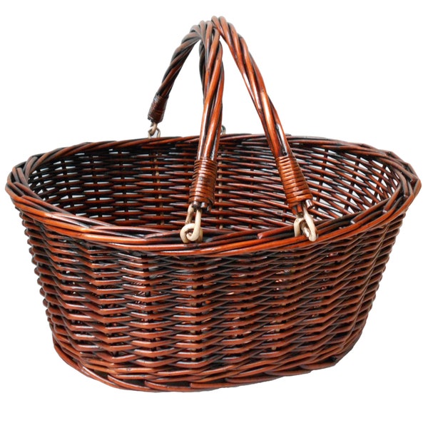 Wicker Shopping Basket with Folding Handles - Empty Gift Hamper Basket, Christmas Food Basket, Farm Shop Display Basket (41x33x18cm)