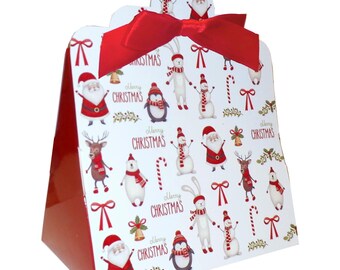 Christmas Triangle Gift Boxes with Mini Bows – Santa, Snowman, Rudolph (Pack of 10)