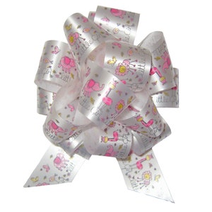 May include: White satin ribbon with a pink and grey print of elephants, giraffes, and lions. The ribbon has the text "Little Girl" repeated on it.