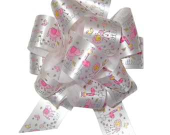 Pink Pull Bows - Little Girl Pink and White Bows for birthdays, baby showers, new baby hampers, gift baskets, party decorations (PACK OF 10)