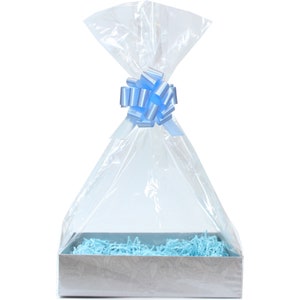 Make Your Own Gift Basket Hamper Kit - Silver Cardboard Gift Tray, Blue Paper Shred, Blue Bow, Cellophane Bag & Gift Tag
