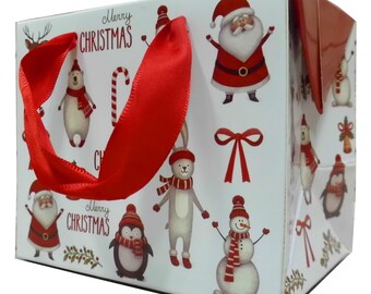 Small Christmas Gift Boxes with Ribbon Handles - Xmas Santa Snowman Rudolph - 12x8x10cm (pack of 10)
