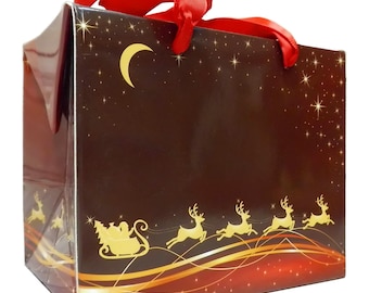 Small Christmas Gift Boxes with Ribbon Handles - Red and Gold Reindeer - 12x8x10cm (pack of 10)