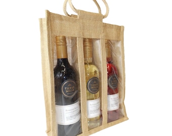 Triple Wine Bottle Gift Bag in Natural Jute with Cotton Corded Handles - Natural Gift Packaging -  28x10x34cm high