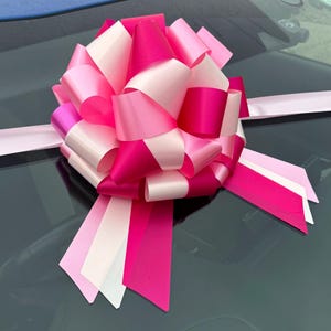 Big Bow (25cm diameter) with 6m Ribbon - Pink Cerise Cream Bow for New Cars, Large Gifts, Birthdays, Valentine's & Party Decorations