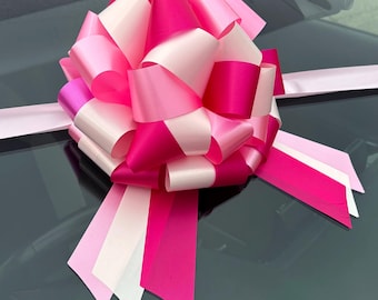 Big Bow (25cm diameter) with 6m Ribbon - Pink Cerise Cream Bow for New Cars, Large Gifts, Birthdays, Valentine's & Party Decorations
