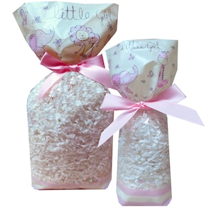 Pink Little Girl Gift Bags - Block Bottomed Clear Cello Candy Treat Bags for sweets, party bags, birthdays, baby shower favours (PACK OF 50)