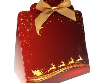 Red and Gold Reindeer Christmas Gift Boxes with Mini Bows - Triangle Hamper Box for Sweets, Chocolates & Small Gifts 17x10x14cm (Pk of 10)