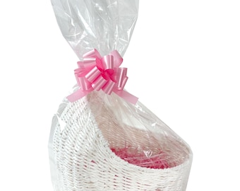 White Baby Bassinet Gift Basket with Pink Paper Shred, Cellophane Bag, Bow & Gift Tag -  Baby shower hamper, nursery decor, storage basket