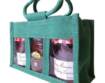 Green 3 Jar Jute Bags with Handles - Hessian Gift Bags for Jars, Jams, Chutneys, Pickles, Christmas Gift Bags (Pack of 10)