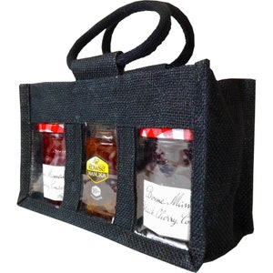 Black 3 Jar Jute Bags with Handles - Hessian Gift Bags for Jars, Jams, Chutneys, Pickles, Christmas Gift Bags (Pack of 10)