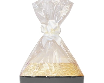 CREAM Make Your Own Gift Basket Hamper Kit - Black Cardboard Tray, Cream Shred, Cream Bow, Cellophane Bag & Cream Gift Tag